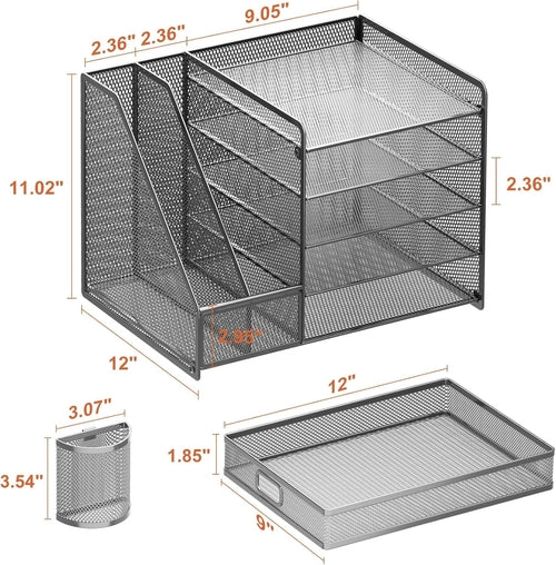 Grey 5 Tier Mesh Desk Organizer With Drawer And File Trays
