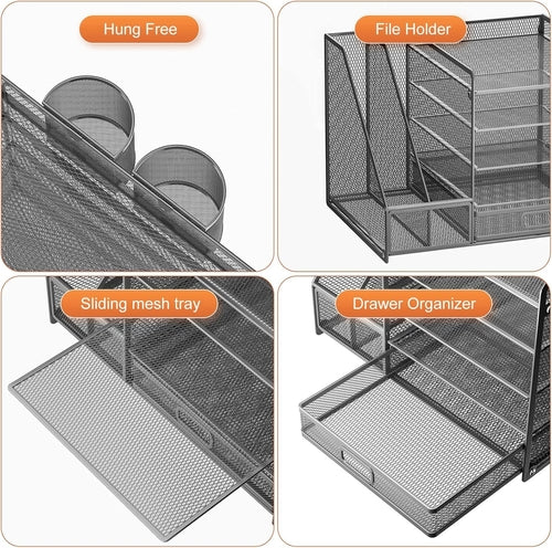Grey 5 Tier Mesh Desk Organizer With Drawer And File Trays